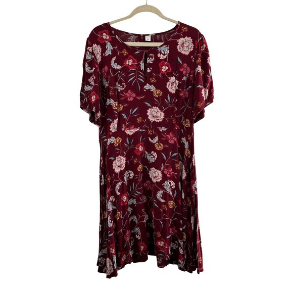 Old Navy Burgundy Floral Short-Sleeve Mini Dress XL Rayon Smocked Boho Cottage - Picture 1 of 11